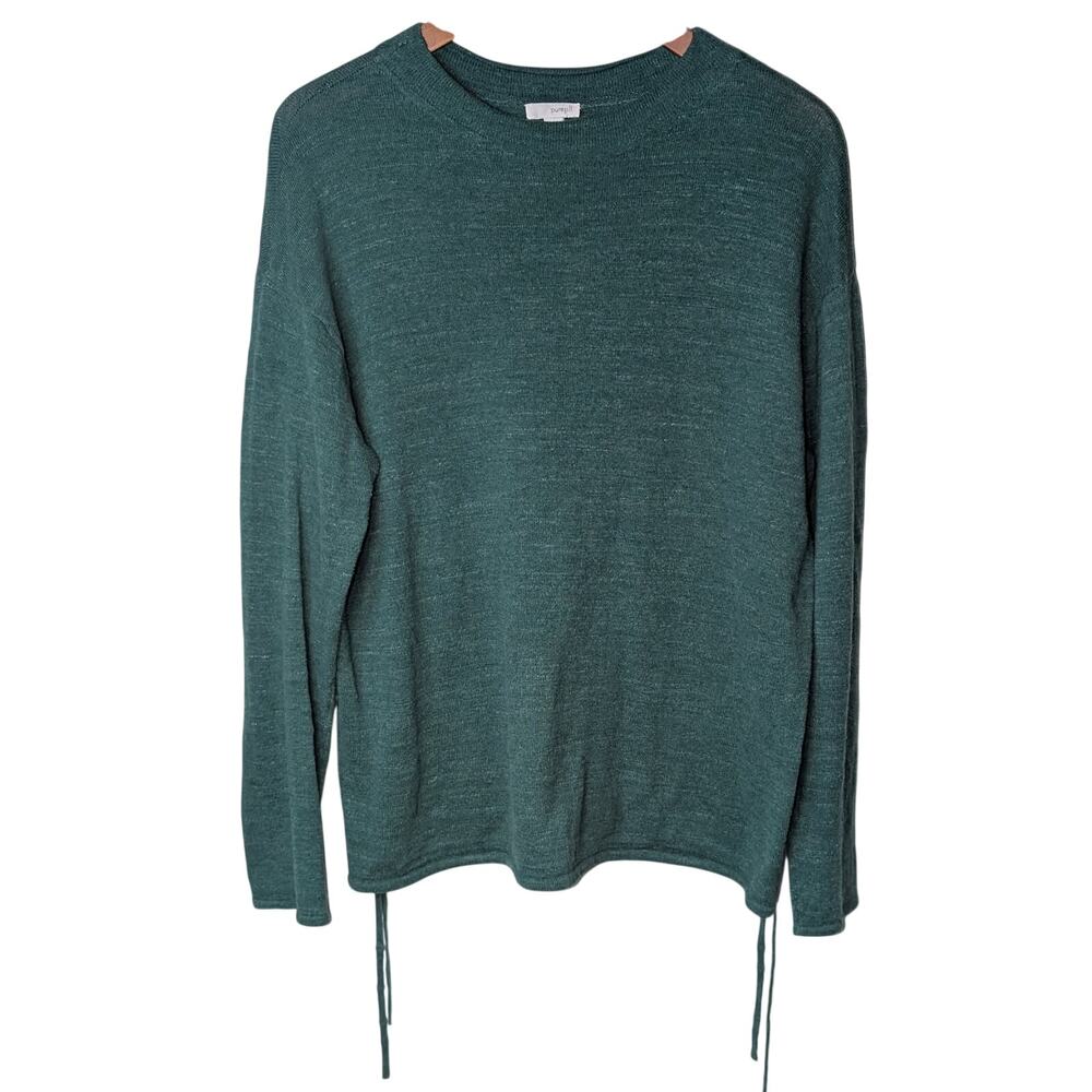 Womens Purejill 100% Cotton Sweater Size Large Forest Green Side Tie Cinch Waist